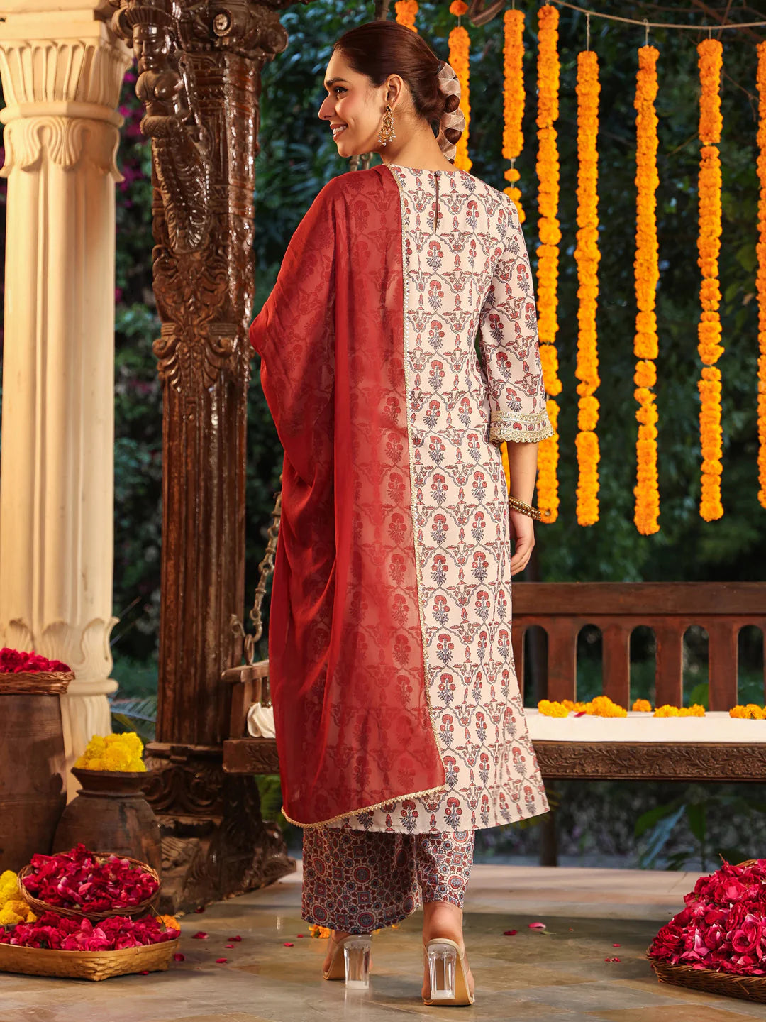 Plus Size Cream & Maroon Georgette Embroidered Ajrakh Printed Straight Kurta Set