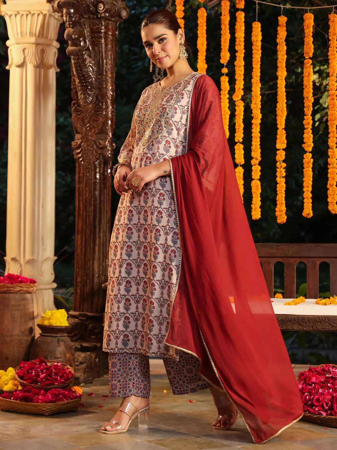 Plus Size Cream & Maroon Georgette Embroidered Ajrakh Printed Straight Kurta Set