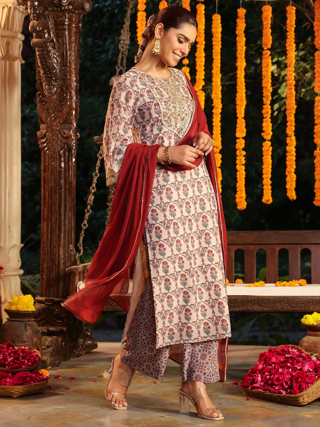 Plus Size Cream & Maroon Georgette Embroidered Ajrakh Printed Straight Kurta Set