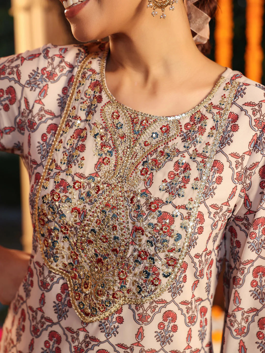 Plus Size Cream & Maroon Georgette Embroidered Ajrakh Printed Straight Kurta Set