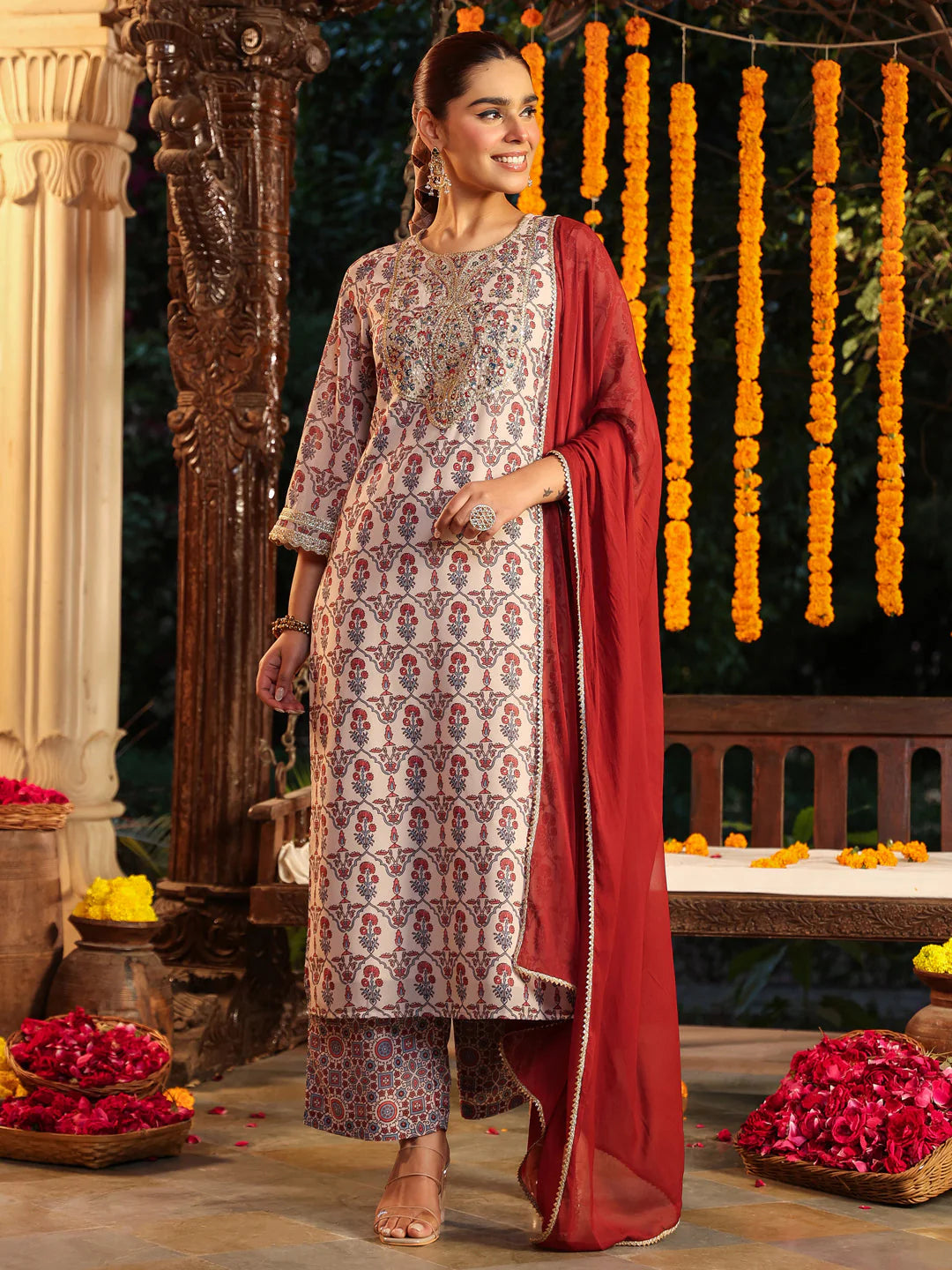 Plus Size Cream & Maroon Georgette Embroidered Ajrakh Printed Straight Kurta Set