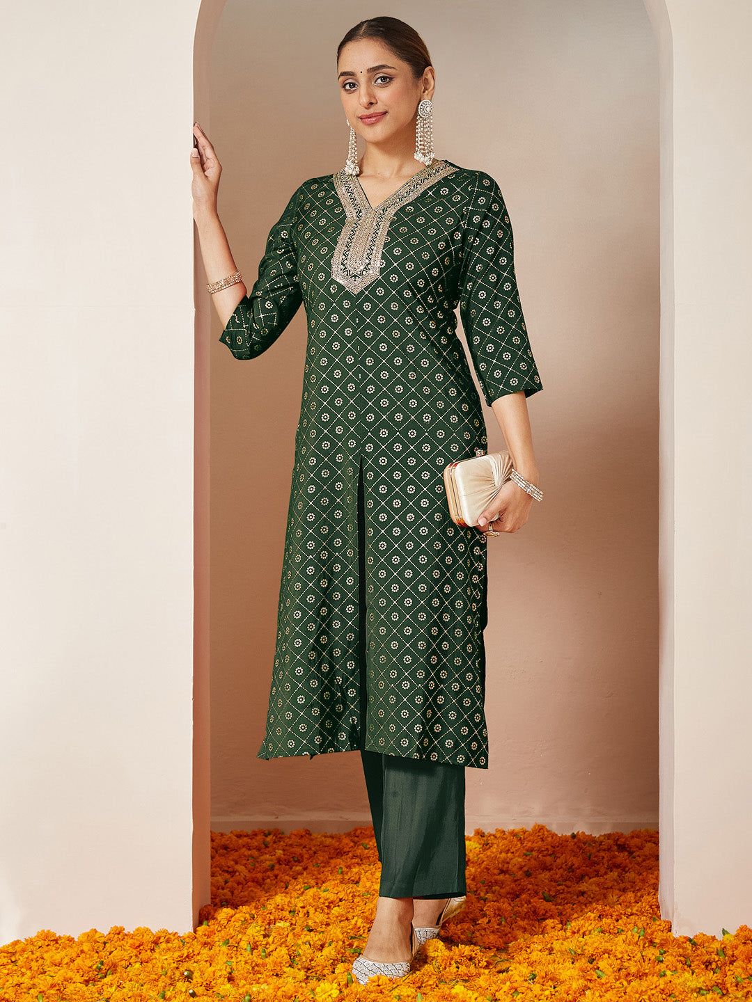 Janasya Women's Dark Green Silk Blend Yoke Embroidered Straight Front-slit Kurta Pant Set