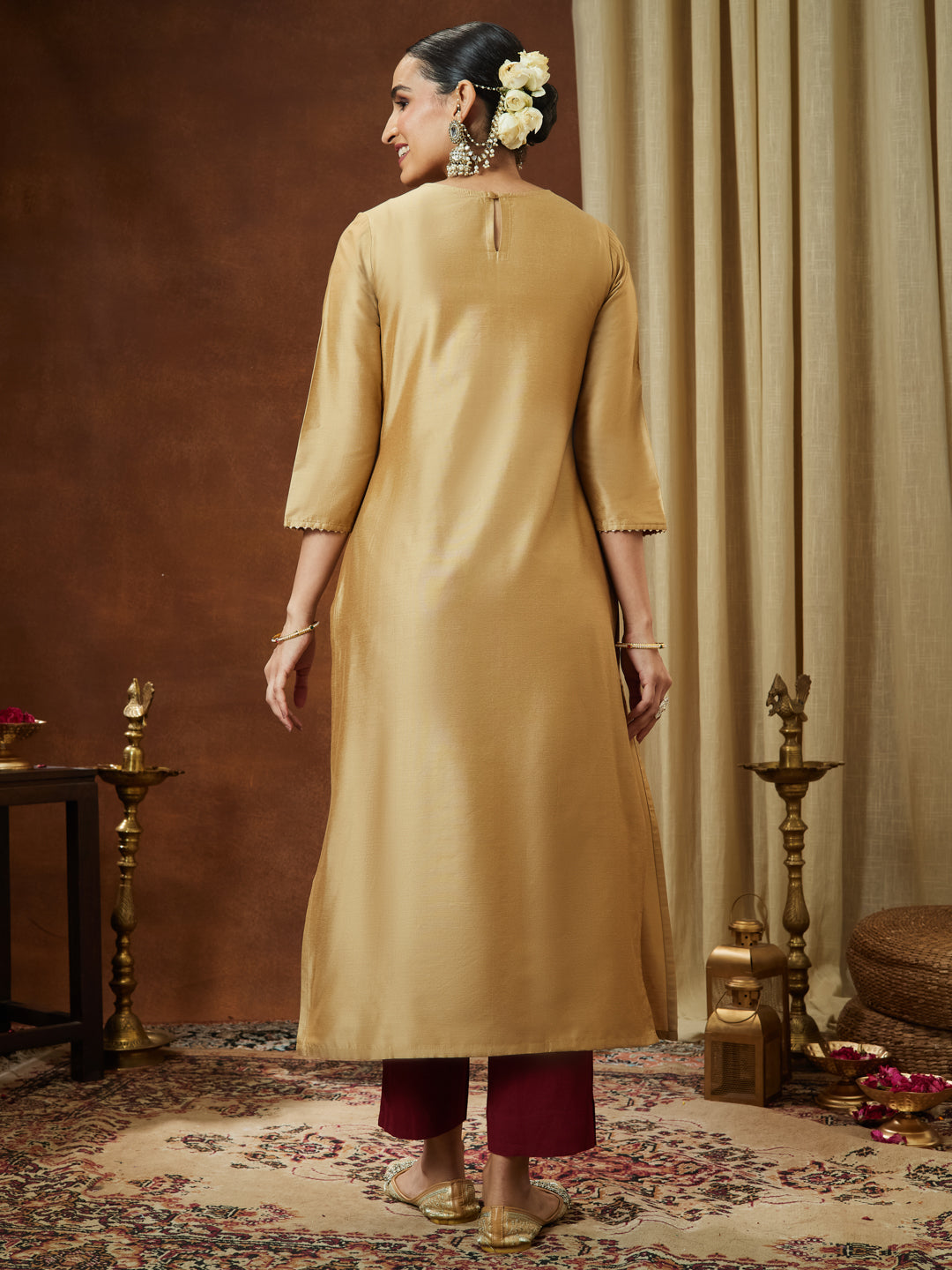 Janasya Women's Beige Chanderi Silk Zari Yoke Embroidered Straight Kurta