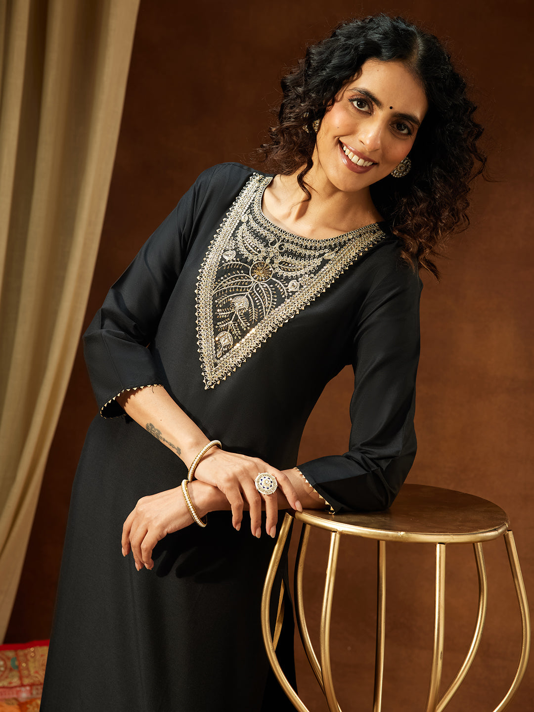 Janasya Women's Black Chanderi Silk Yoke Embroidered Straight Kurta