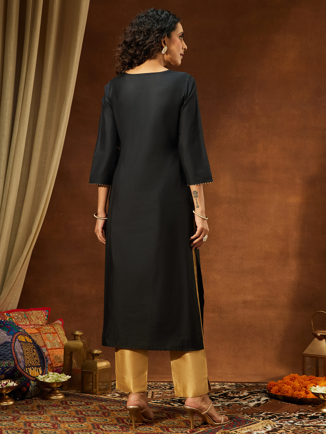 Janasya Women's Black Chanderi Silk Yoke Embroidered Straight Kurta