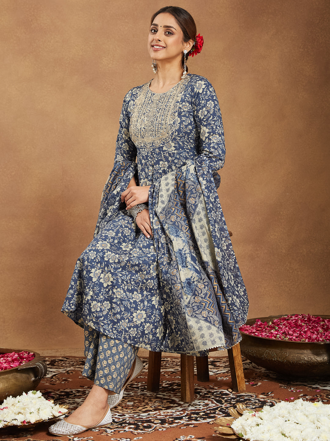 Janasya blue pure cotton floral printed anarkali kurta set — budget pick