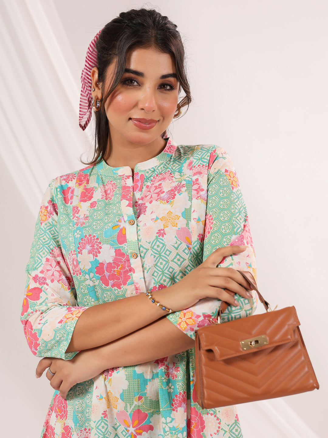 Janasya Women's Mint Green Pure Cotton Floral Printed A-line Dress