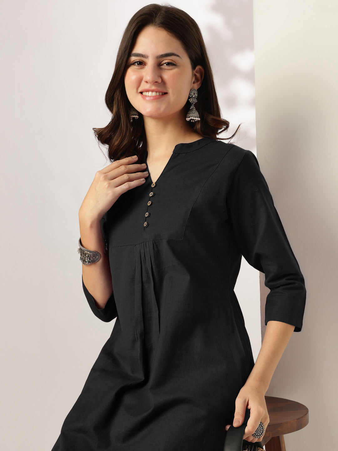 Janasya Women's Black Cotton Solid A-line Co-ord Set