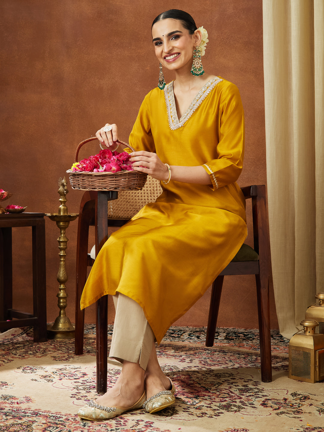 Janasya Women's Mustard Chanderi Silk Embellished Straight Kurta