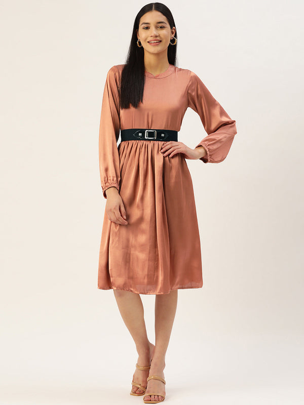 Women Peach-Coloured Satin Dress with Belt | womensfashionfun