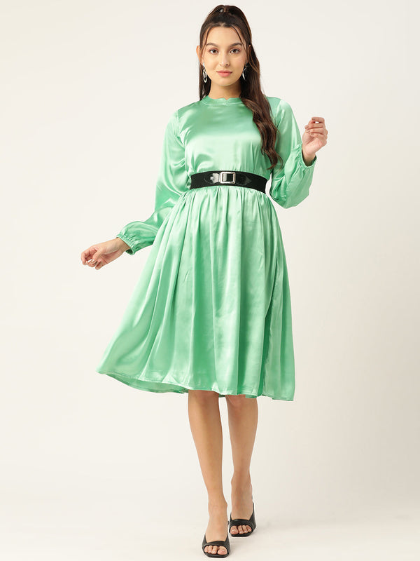 Women Green-Coloured Satin Dress with Belt | womensfashionfun