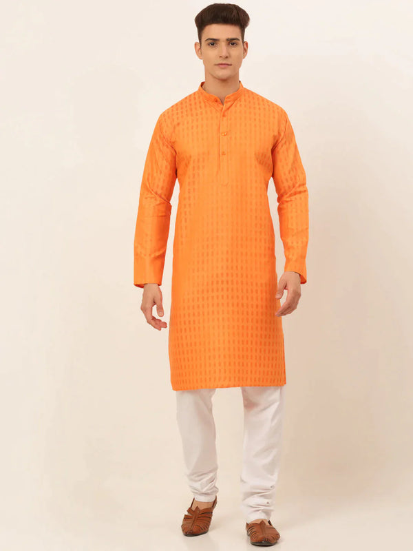 Men's Orange Woven Design Kurta Pajama | womensfashionfun