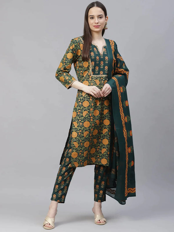 Women Green Ethnic Motifs Printed Pure Cotton Kurta with Trousers & Dupatta | womensfashionfun