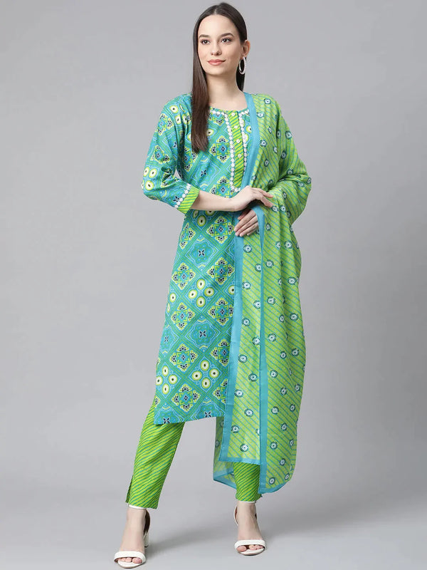 Women Blue & Green Ethnic Motifs Printed Pure Cotton Kurta With Trousers & Dupatta | womensfashionfun