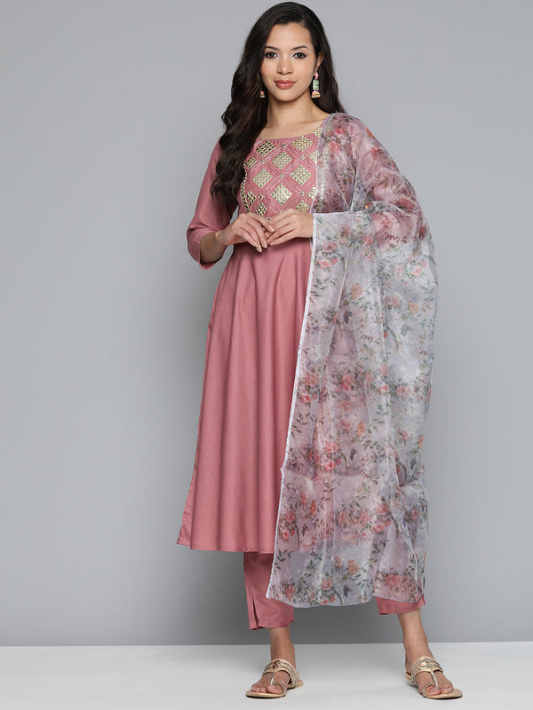 Pink Floral Embroidered Mirror Work Kurta with Trousers & With Dupatta | womensfashionfun