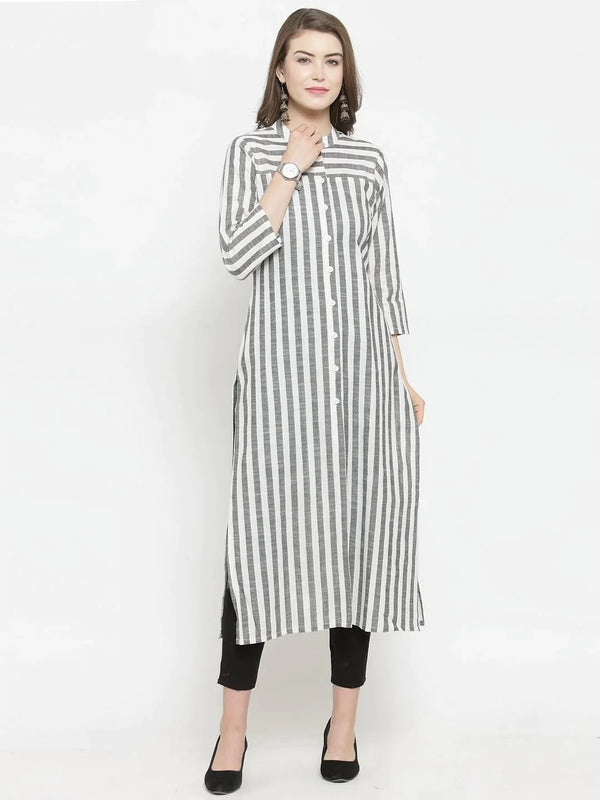 Women Grey & Off-White Striped Cotton Straight Kurta | womensfashionfun