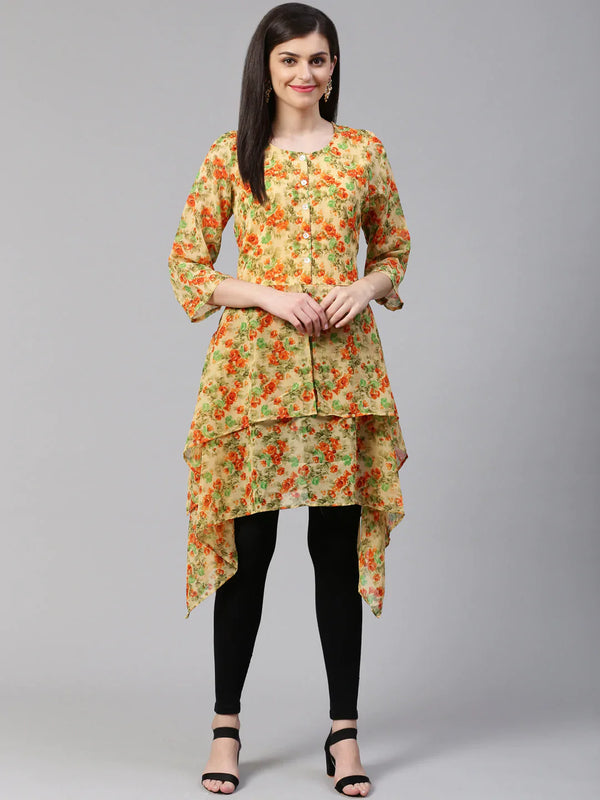 Women Beige & Orange Floral Printed A-Line Kurta | womensfashionfun