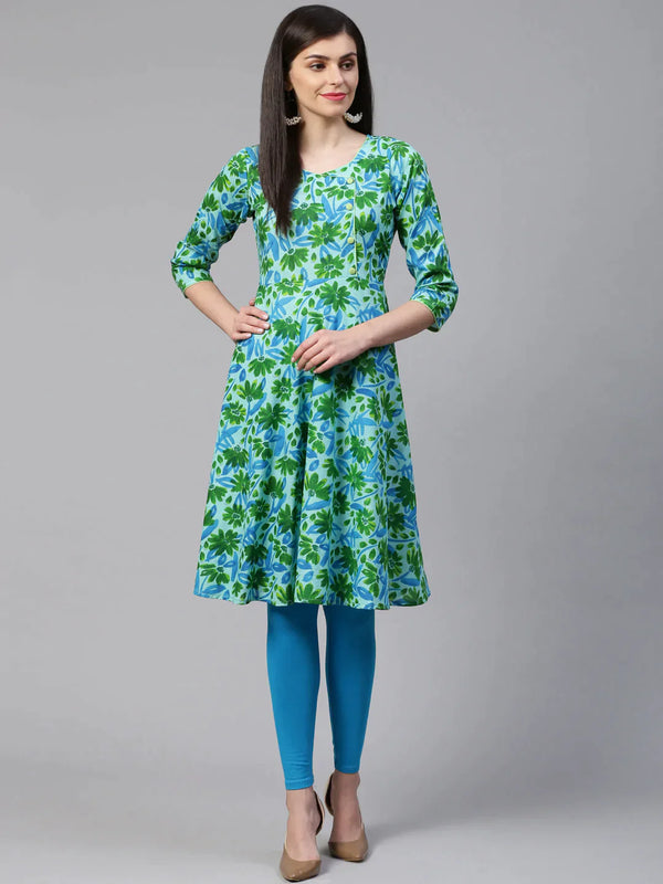 Women Blue & Green Floral Print Angrakha A-Line Kurta | womensfashionfun