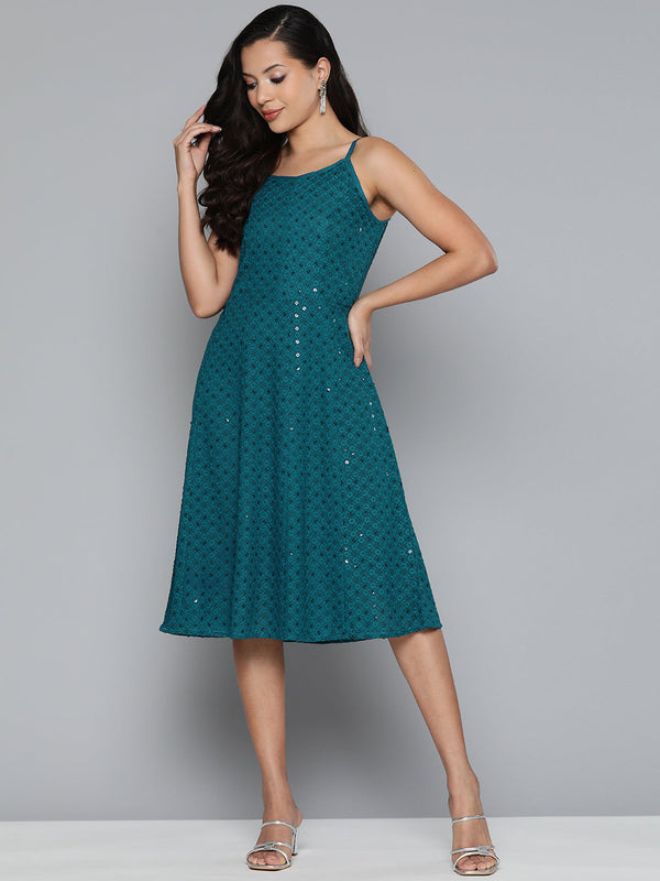 Blue Floral Sequin Embroidered A-Line Midi Dress | womensfashionfun