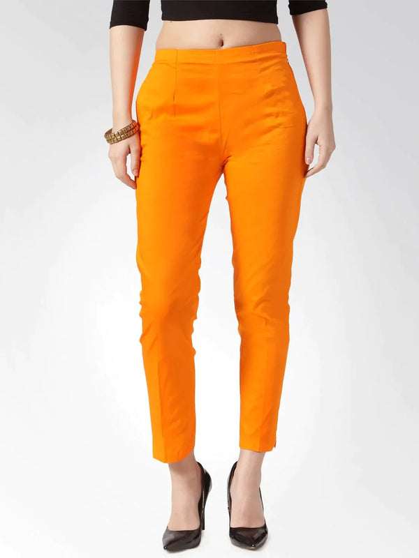 Women Orange Smart Slim Fit Solid Regular Trousers | womensfashionfun
