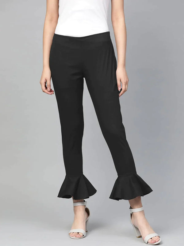 Women Black Smart Slim Fit Solid Bottom Flared Trousers | womensfashionfun
