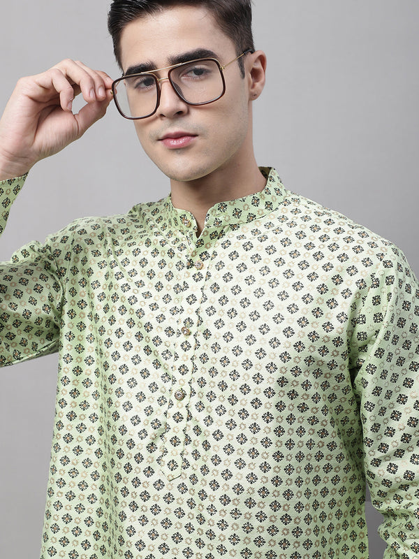 Men's Pista Green Printed Silk Blend Kurtas | womensfashionfun