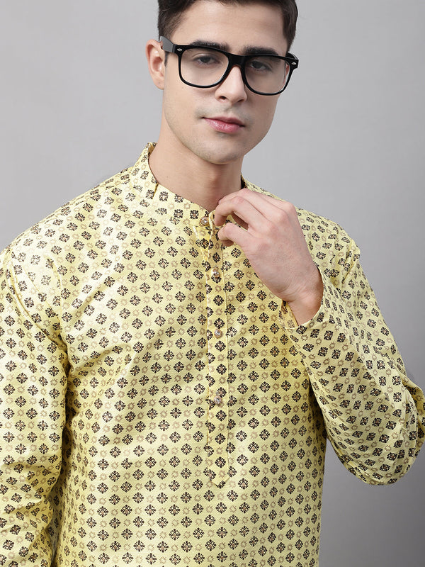 Men's Yellow Printed Silk Blend Kurtas | womensfashionfun