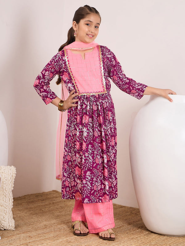 Girls Ethnic Motifs Printed Pleated Pure Cotton Kurta With Trousers & With Dupatta | WomensFashionFun.com