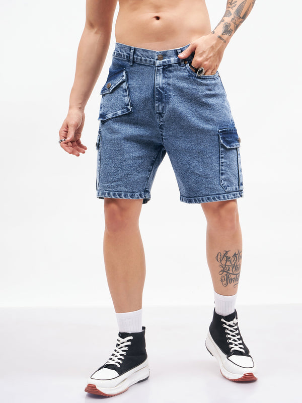 Men Blue Utility Pocket  Denim Shorts | womensfashionfun