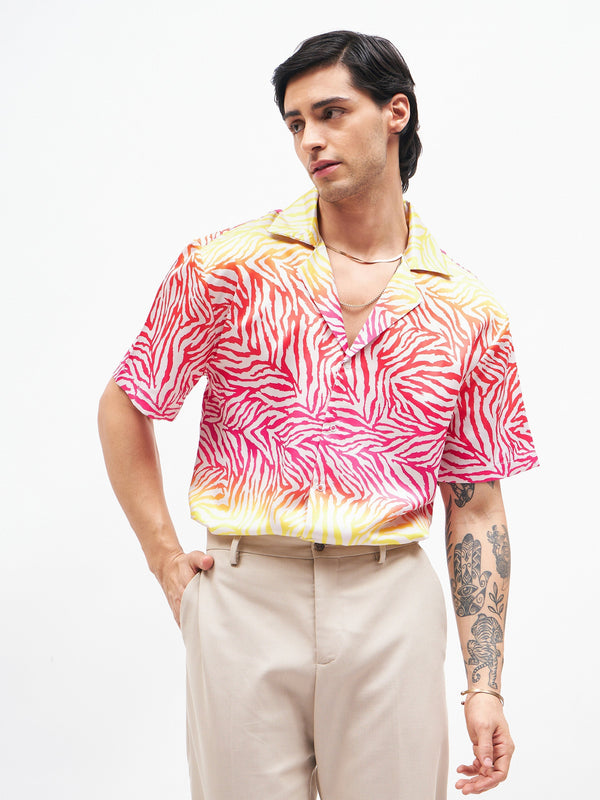 Men Pink Zebra Short Sleeves Satin Shirt | WomensFashionFun.com