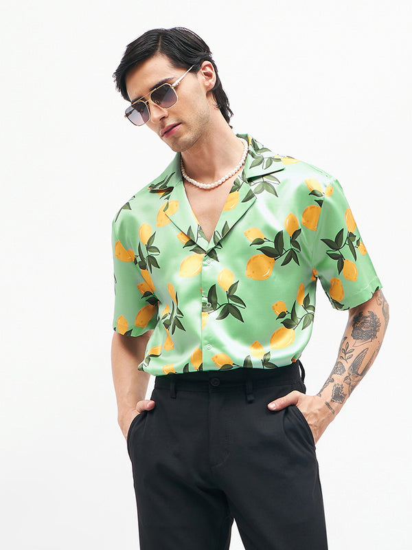 Men Green Tropical Short Sleeves Satin Shirt | womensfashionfun