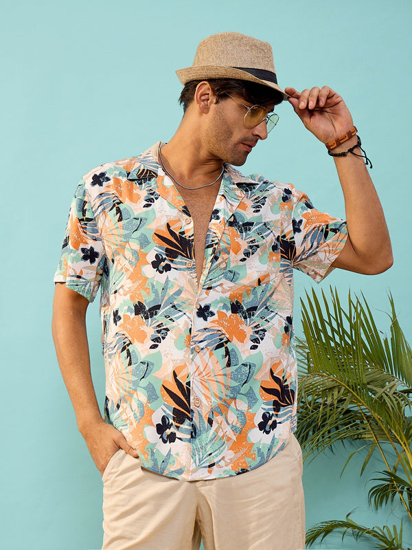 Unisex White Tropical Print Relax Fit Shirt | womensfashionfun