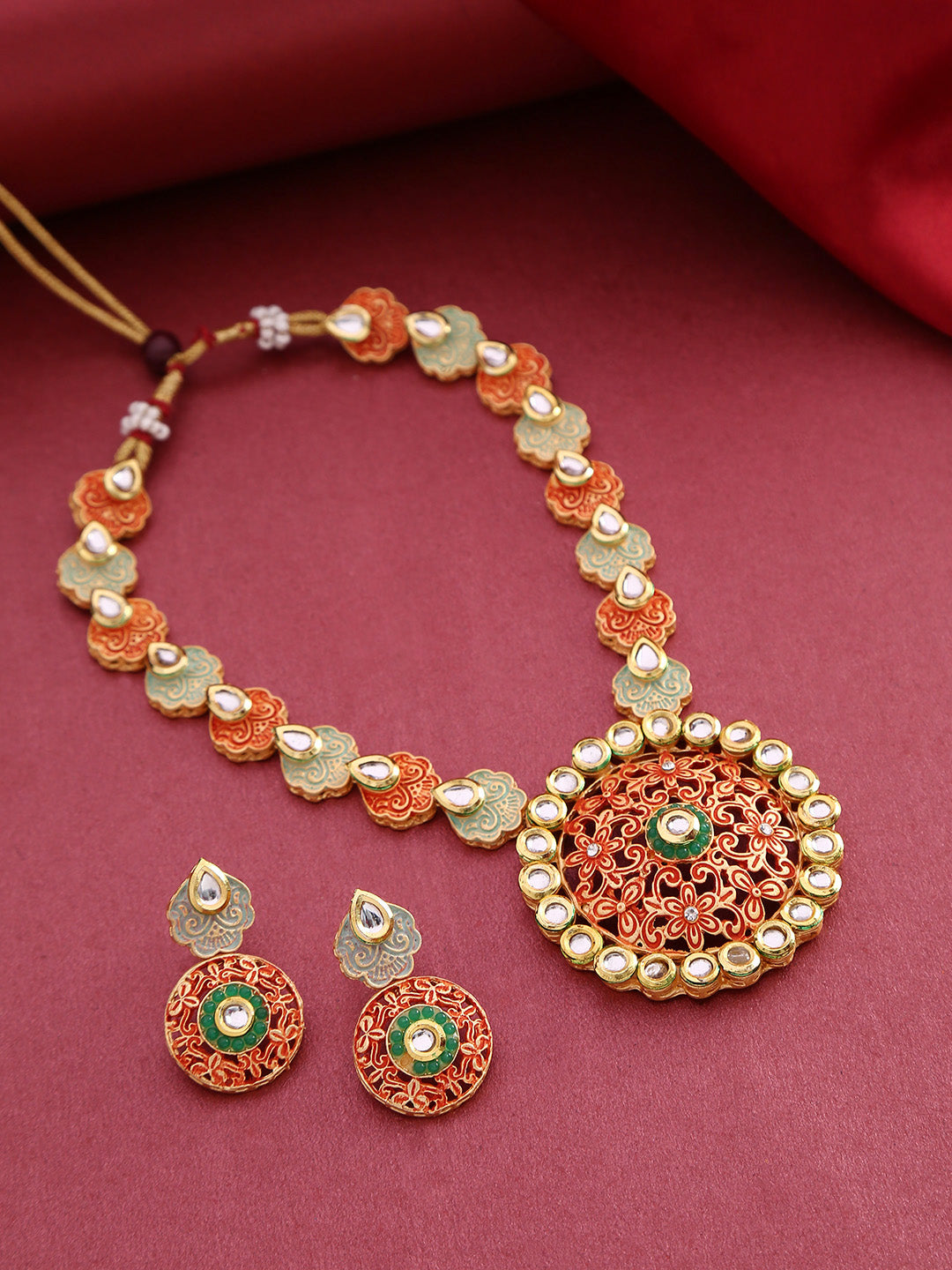 Women Orange Green Kundan Gold Plated Meenakari Jewellery Set