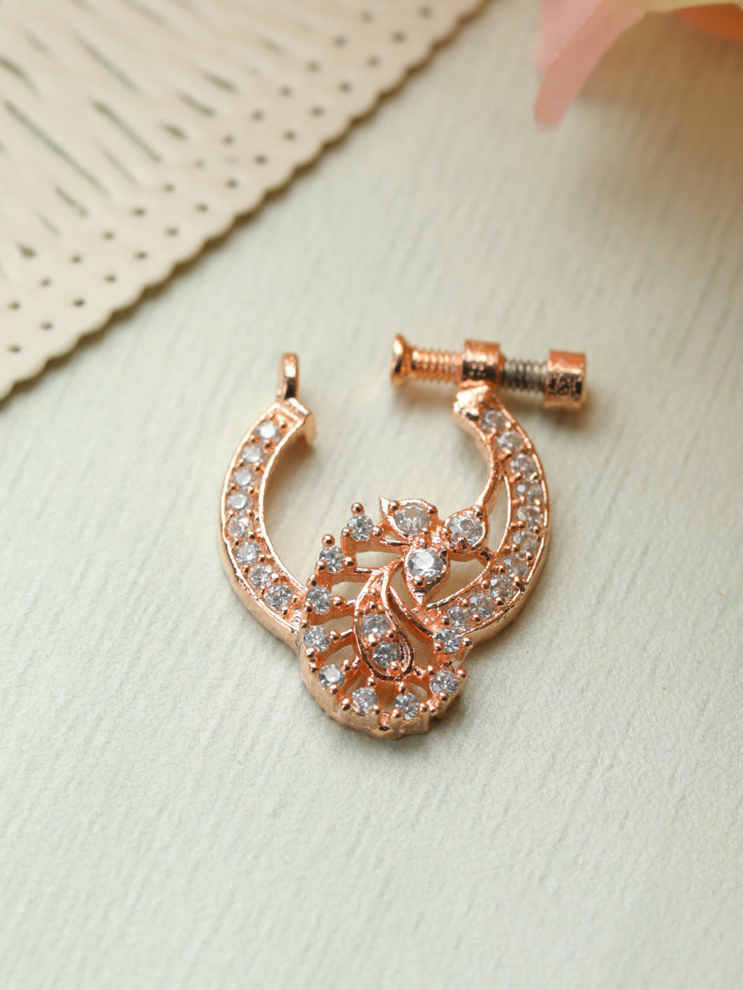 Women Floral American Diamond Rose Gold Plated Nose Ring