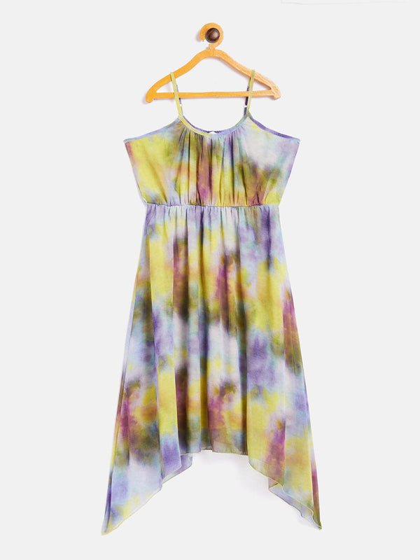 Girls Purple & Yellow Tie-Dye Print Strappy Dress | womensfashionfun