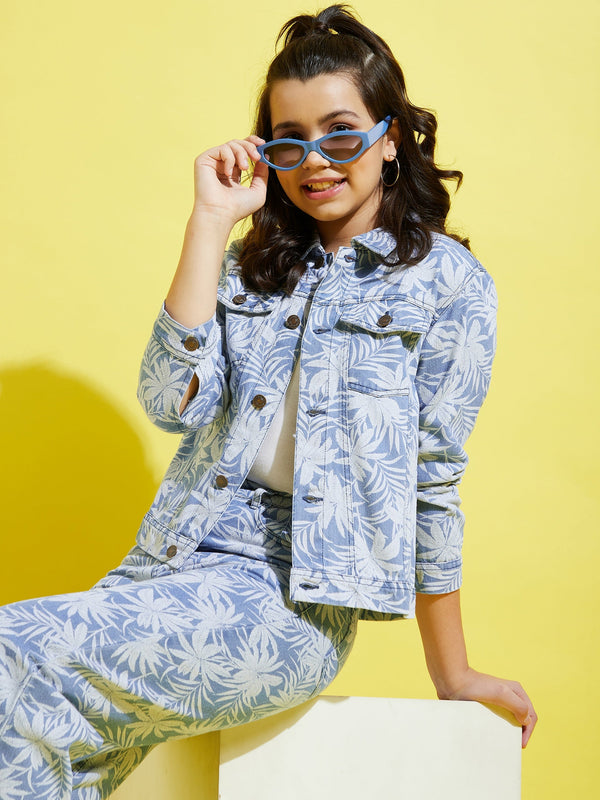 Girls Blue Denim Tropical Print Jacket | womensfashionfun