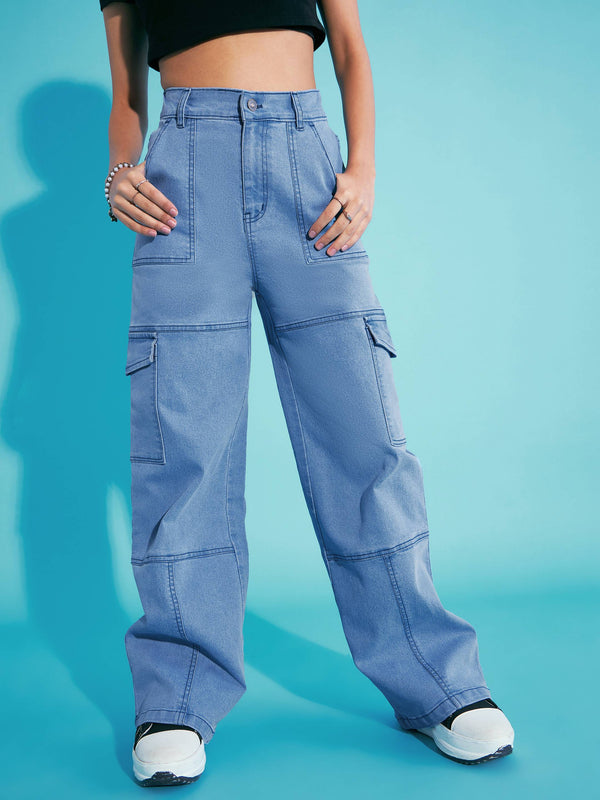 Girls Ice Blue Acid Wash Front Seam Straight Jeans | WomensFashionFun.com