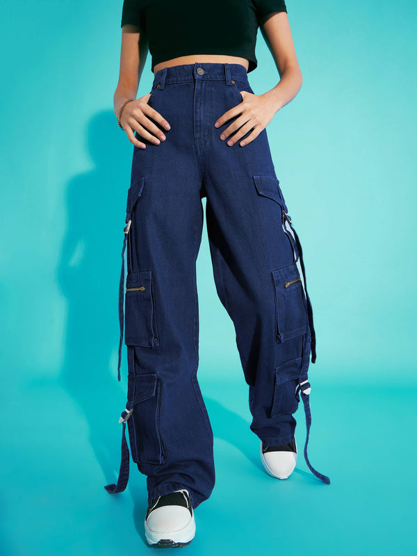 Girls Navy Blue Acid Wash Side Tape Cargo Jeans | WomensFashionFun.com