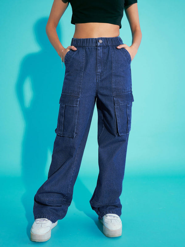 Girls Navy Blue Acid Wash Elasticated Waist Cargo Jeans | WomensFashionFun.com