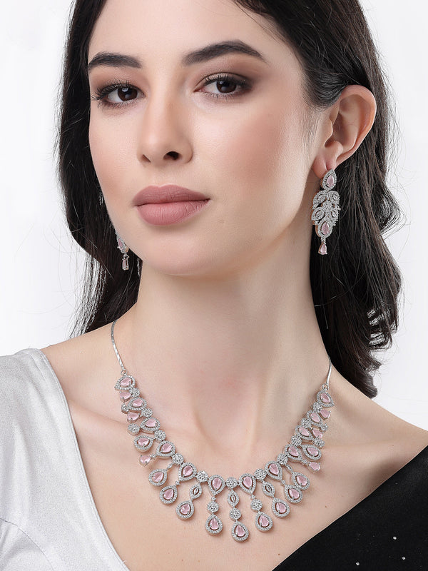 Women silver plated & Pink CZ stone handcrafted jewellery set | womensfashionfun