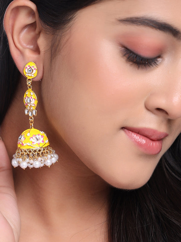 Women Gold Plated Yellow  Jhumkas Earrings | WomensFashionFun.com