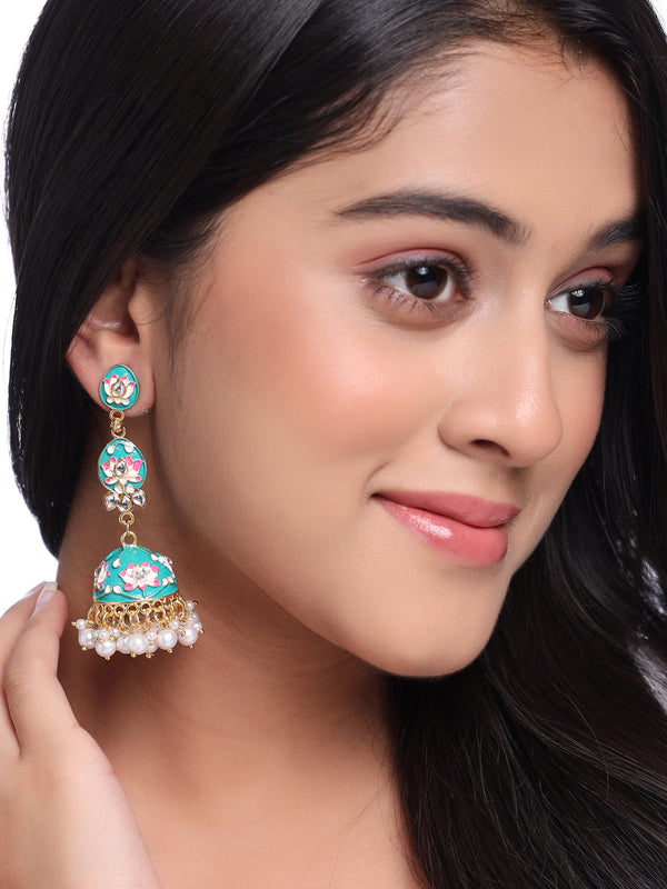Women Gold Plated Blue Kundan  Jhumkas Earrings | WomensFashionFun.com