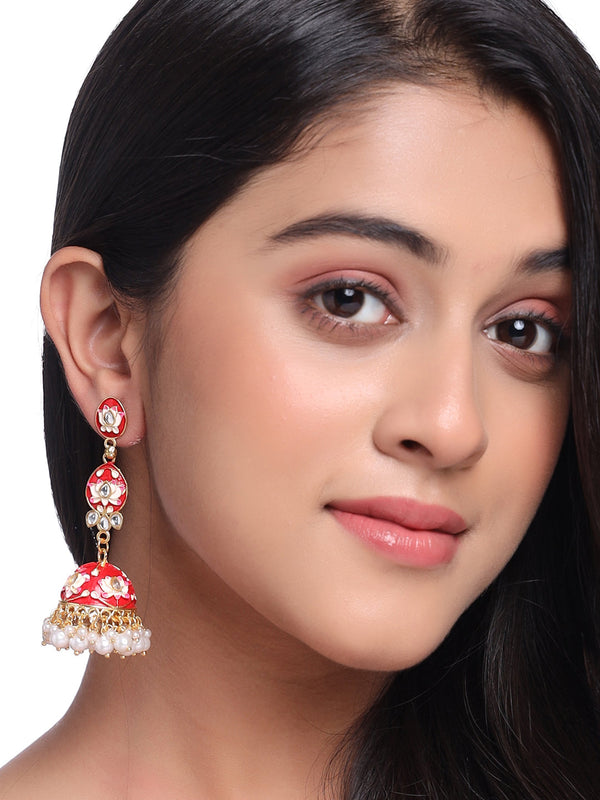 Women Gold Plated red Kundan  Jhumkas Earrings | WomensFashionFun.com