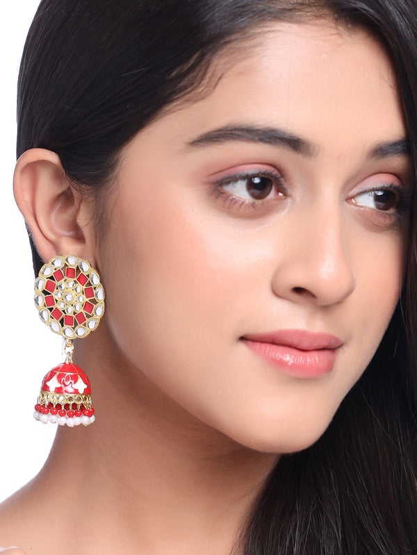 Women Gold Plated Red Dome Shaped Meenkari Jhumkas Earrings | WomensFashionFun.com
