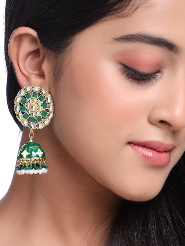 Women Gold Plated Green Dome Shaped Meenkari Jhumkas Earrings | WomensFashionFun.com