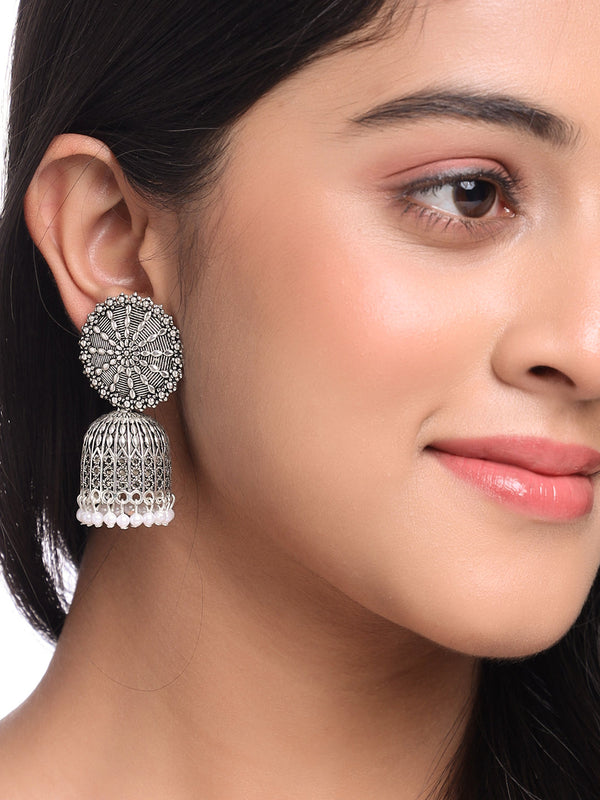 Women Silver toned dome shaped jhumkas earrings | WomensFashionFun.com