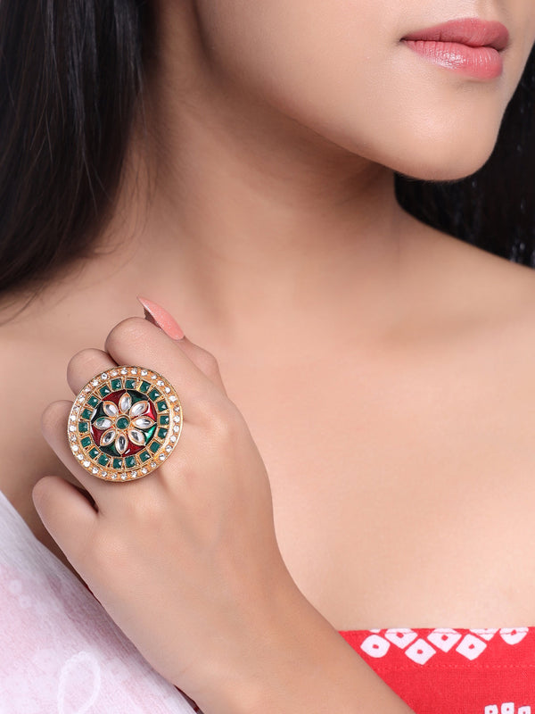 Women's Traditional Kundan Meenakari Gold Plated Adjustable Finger Ring | womensfashionfun