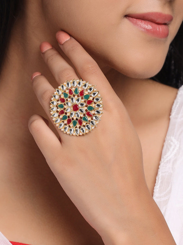 Women's Traditional Ethnic Kundan Meenakari Gold Plated Adjustable Finger Ring | womensfashionfun