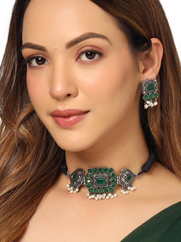 Women's Oxidised Silver Plated Green Color stone Jewellery Set with Earrings | womensfashionfun