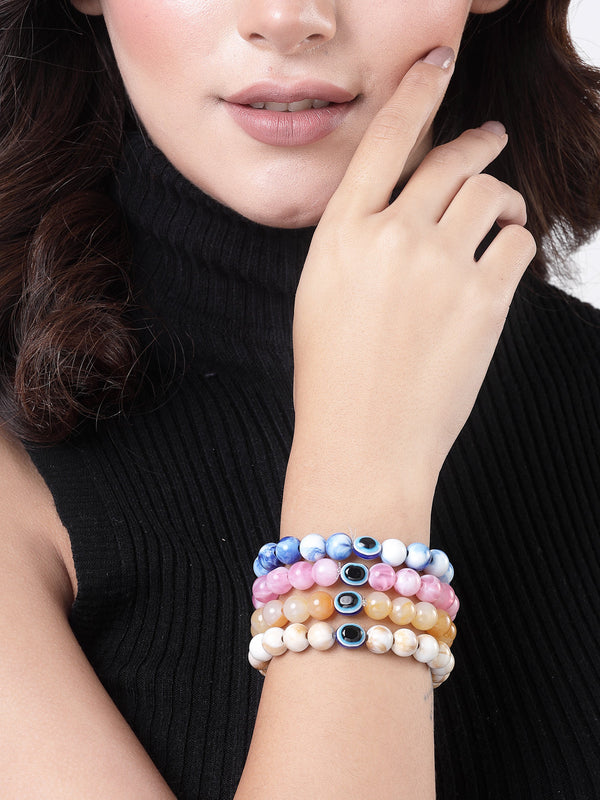 Unisex Set Of 4 Artificial Beads-Beaded Evil Eye Elasticated Bracelet | womensfashionfun